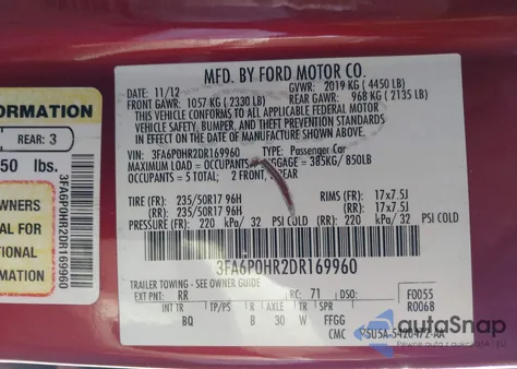 2013 Ford Fusion Se from USA, damaged, VIN 3FA6P0HR2DR169960